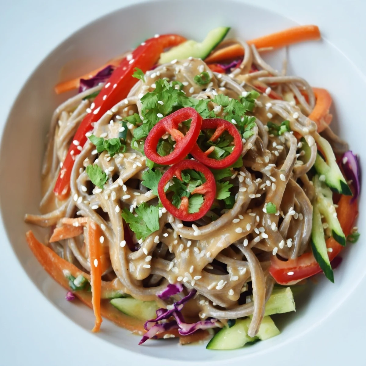 Enjoy this easy vegetarian soba noodle salad, tossed with a flavorful dressing, perfect for lunch or dinner.