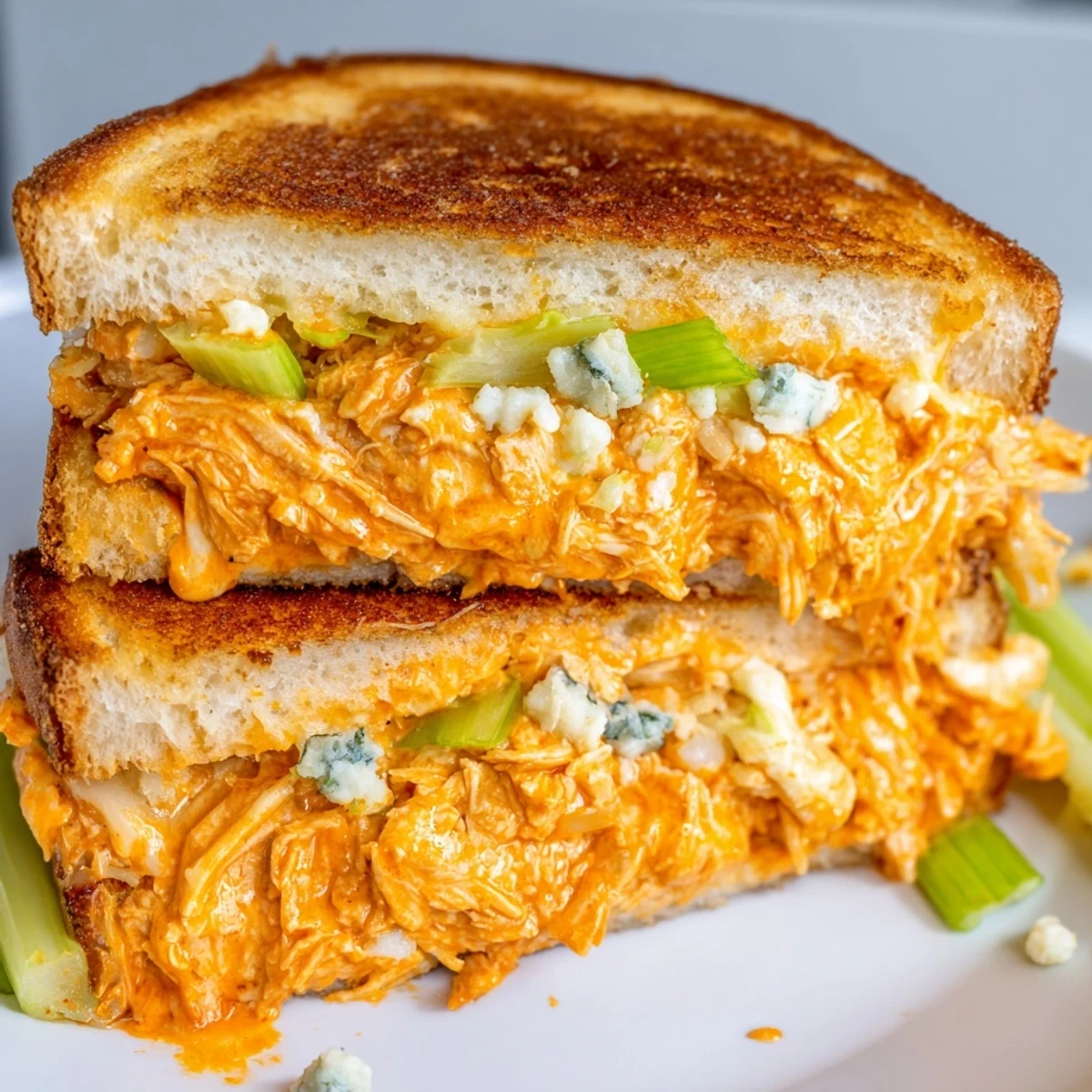 Delicious Buffalo Chicken Grilled Cheese, served hot, with a side of extra buffalo sauce for dipping.