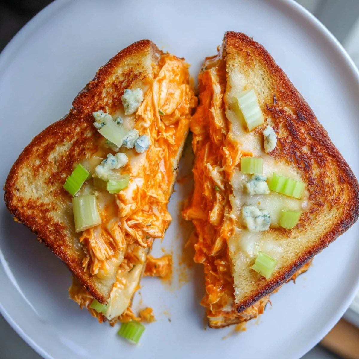 Close-up of a bubbling Buffalo Chicken Grilled Cheese, overflowing with spicy chicken and cheese.
