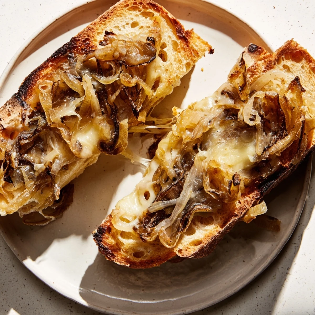 Golden-brown Caramelized Onion and Gruyère Grilled Cheese, oozing melted Gruyère, ready to delight.