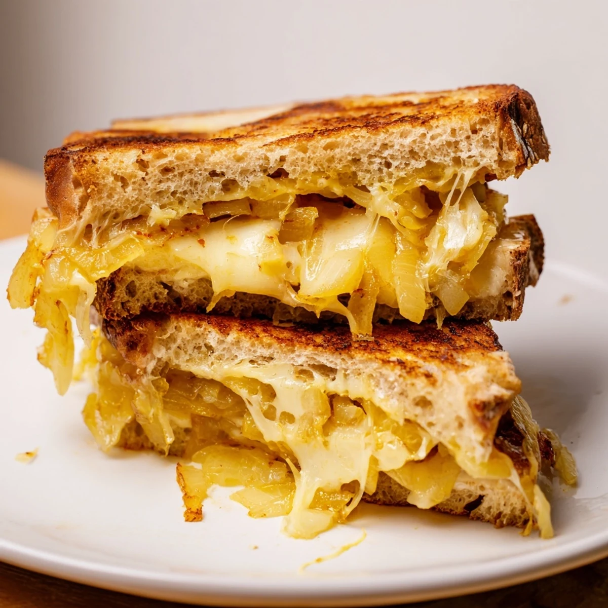 A close-up of a perfectly grilled Caramelized Onion and Gruyère Grilled Cheese, showing crispy bread and cheese pull.