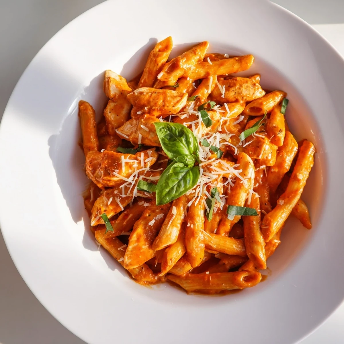 Creamy Tomato Basil Chicken Pasta with fresh basil and parmesan, ready to be served.