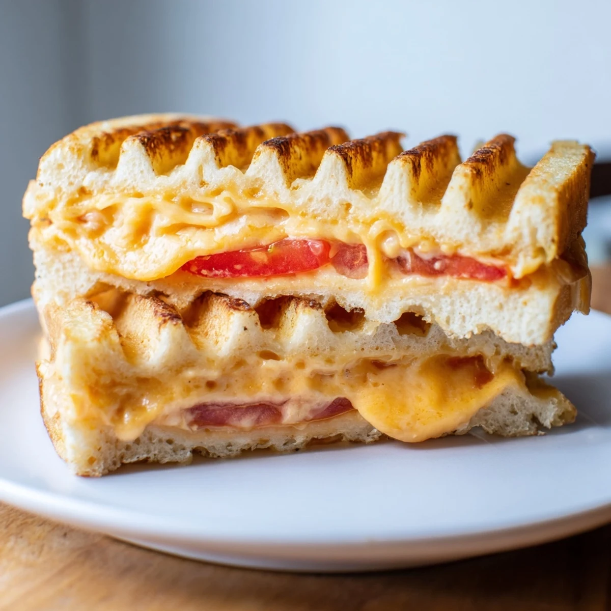 Golden-brown Waffle Grilled Cheese, the crispy bread oozing melted cheddar cheese, ready to eat.