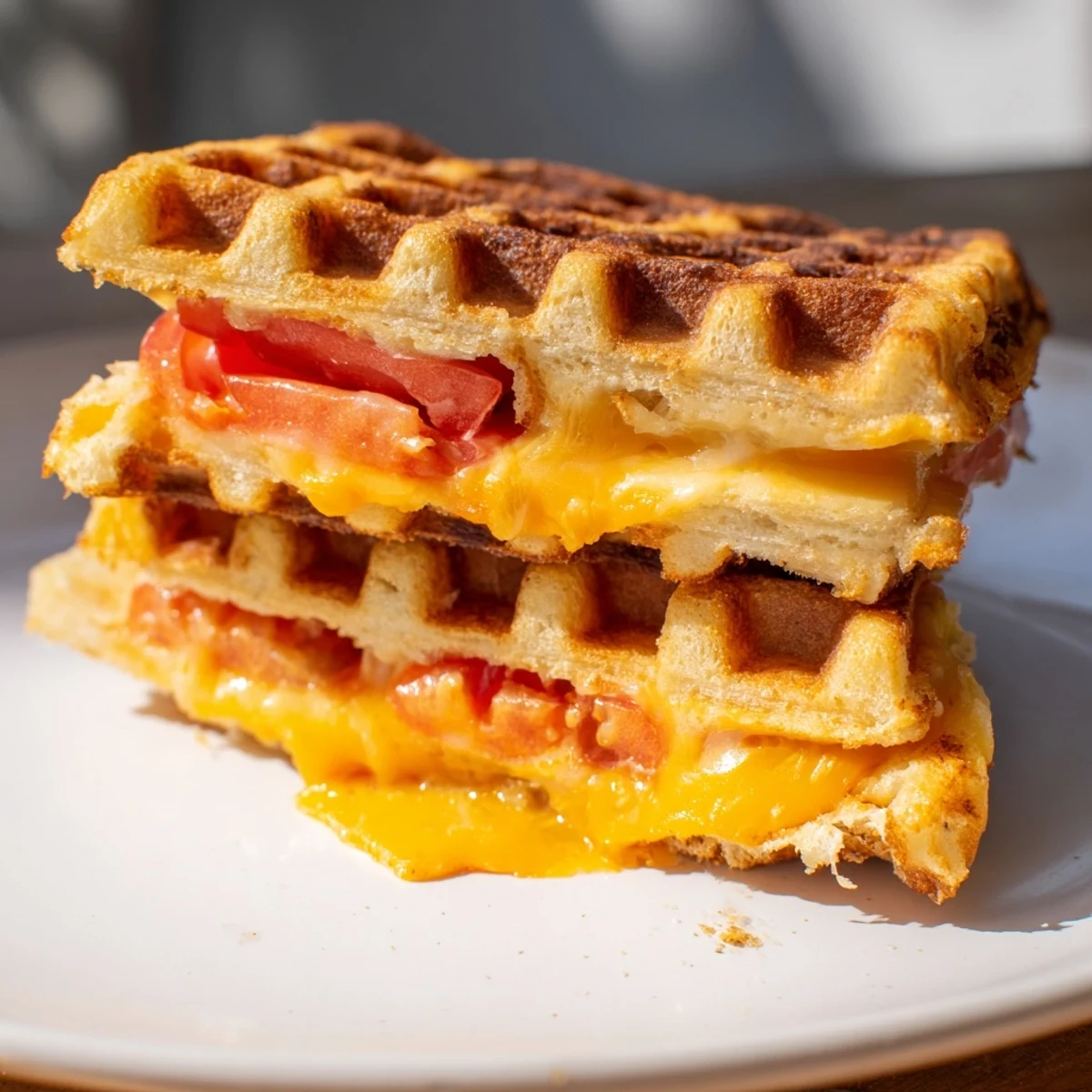 Imagine a perfectly cooked Waffle Grilled Cheese with melted cheese pull, served with tomato soup.
