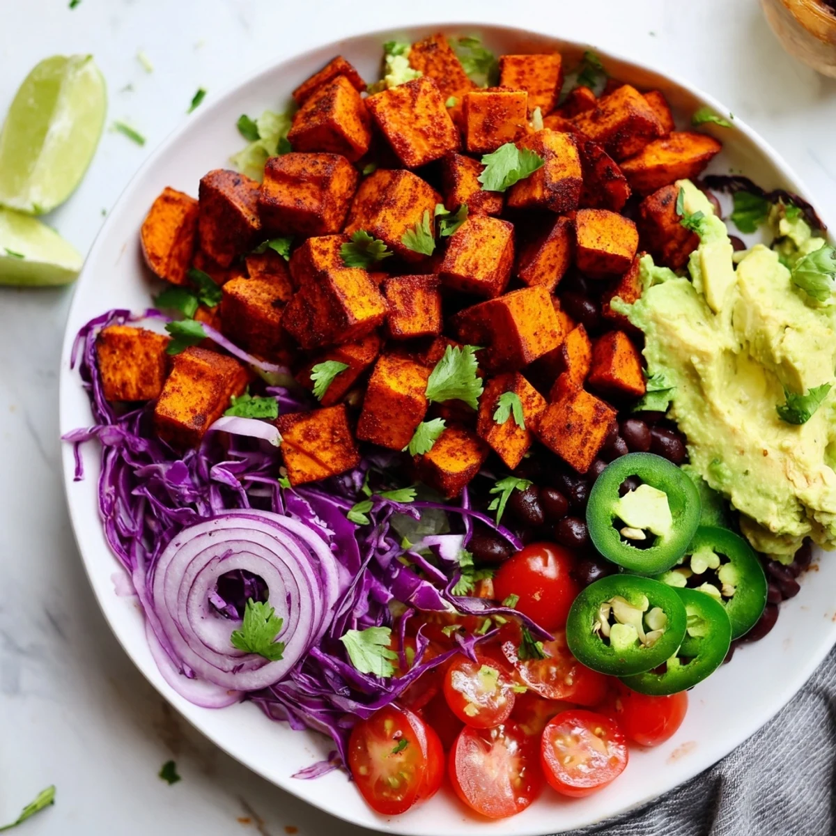 Golden roasted sweet potato taco bowls, filled with colorful veggies and creamy avocado, ready to serve.