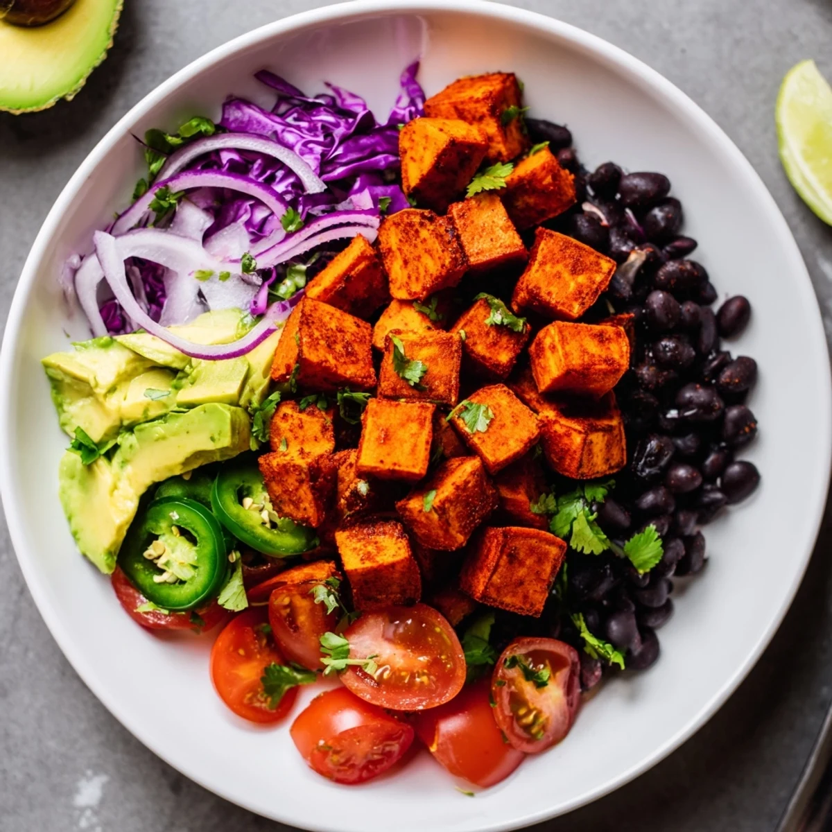 Delicious and healthy sweet potato taco bowls, drizzled with lime dressing and garnished with fresh cilantro.