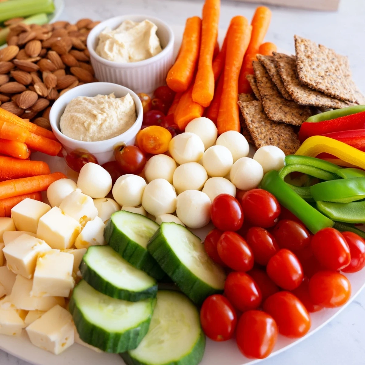 Vibrant Veggie Snack Board, overflowing with colorful fresh vegetables, dips, and cheeses, ready to enjoy.