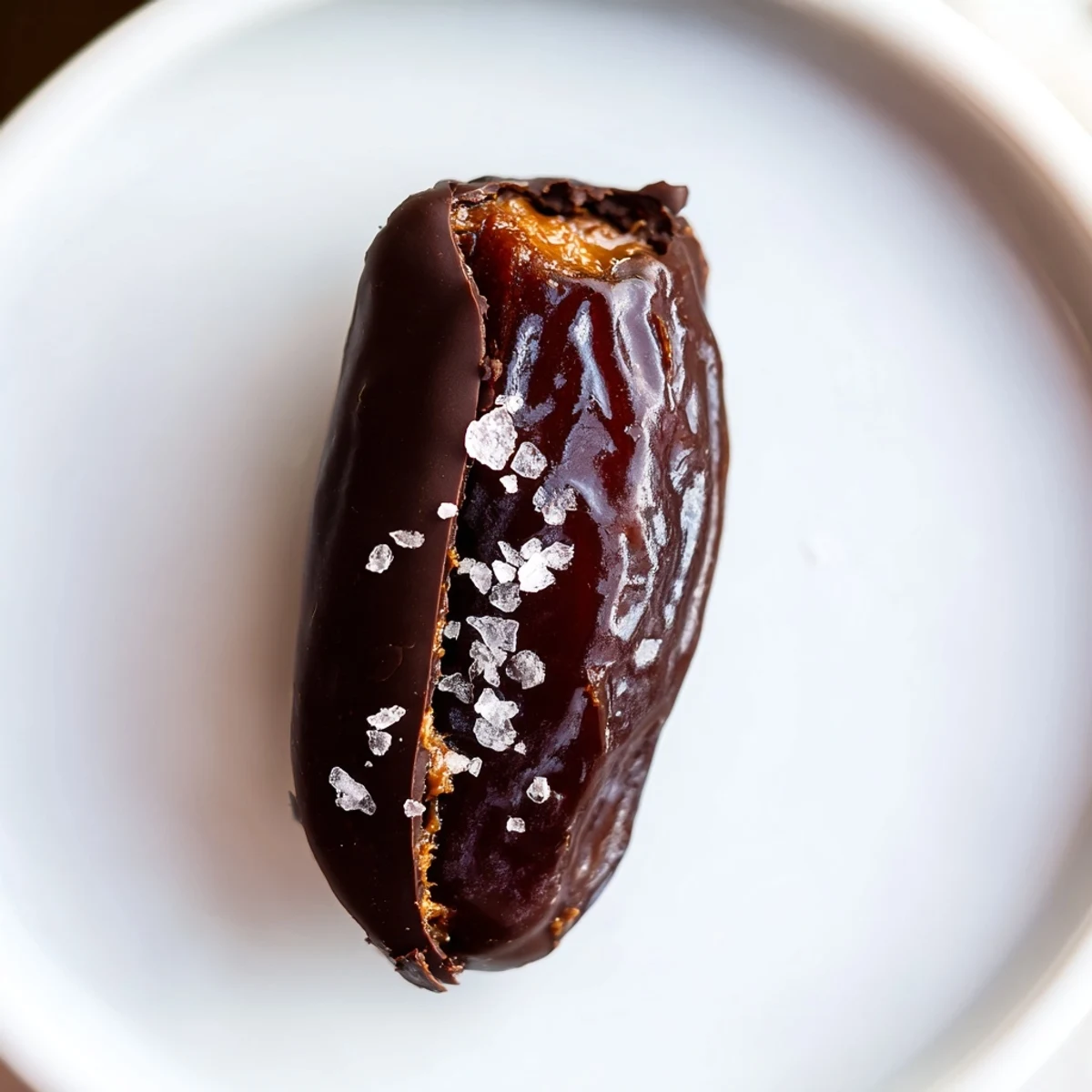 Sweet and rich Chocolate Peanut Butter Dates, a no-bake dessert, sprinkled with sea salt on top.