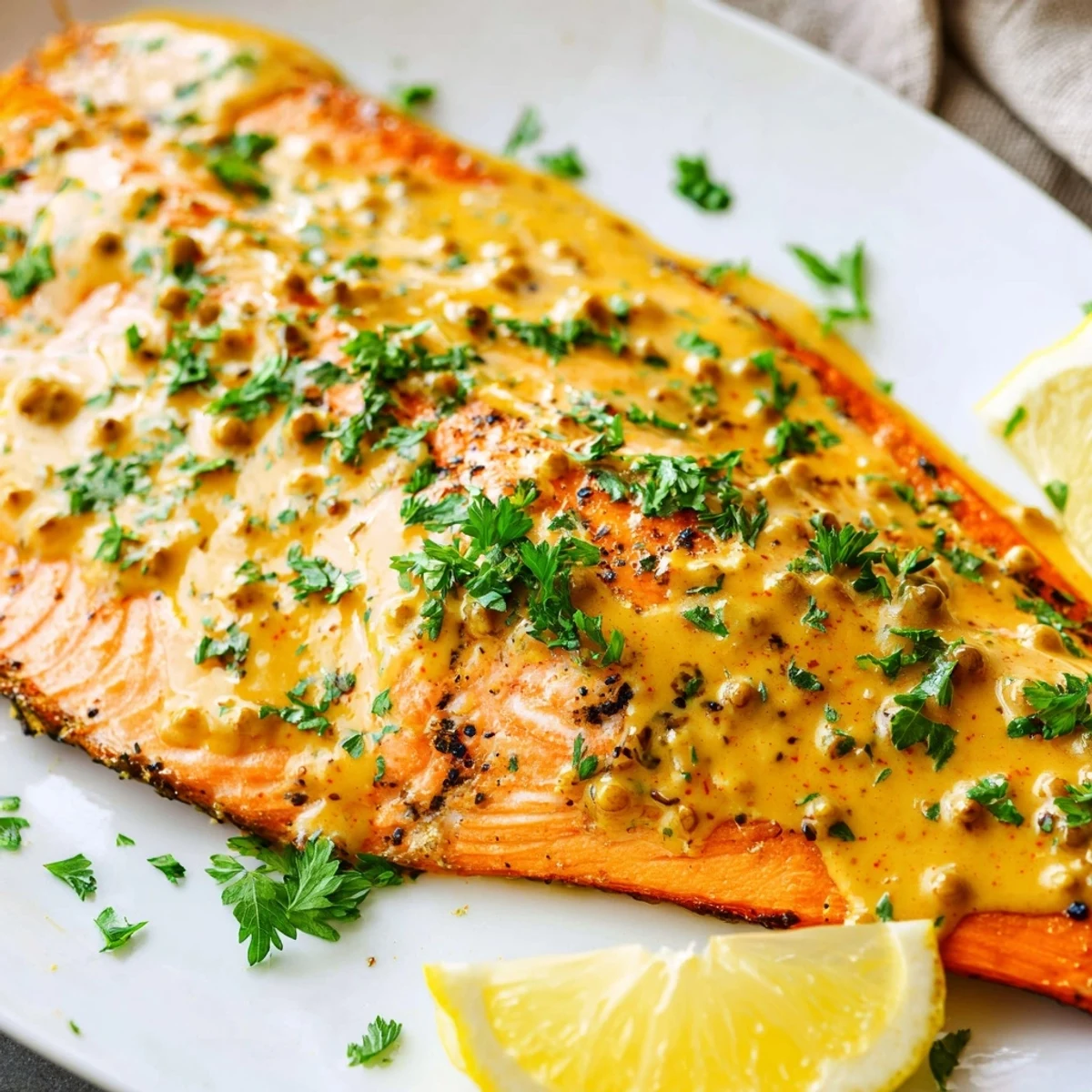 Baked Honey Mustard Salmon, glistening with a delightful honey mustard glaze, ready for serving.