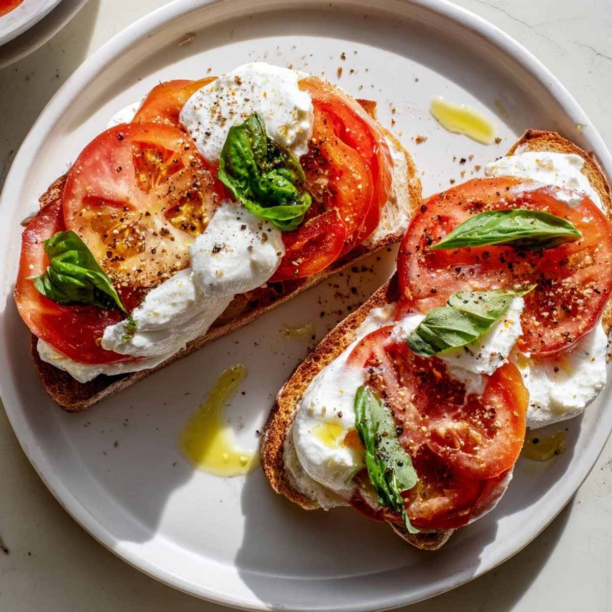 Warm, golden Tomato Burrata Toast ready to eat, with creamy cheese, ripe tomatoes, and fresh basil.