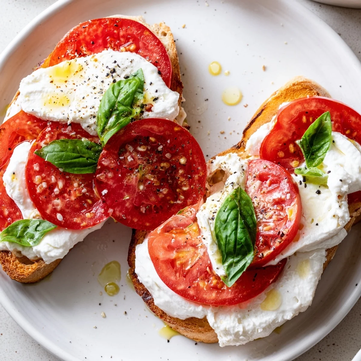 Enjoy a delicious plate of Italian-inspired Tomato Burrata Toast—perfect for brunch, bursting with fresh flavors.
