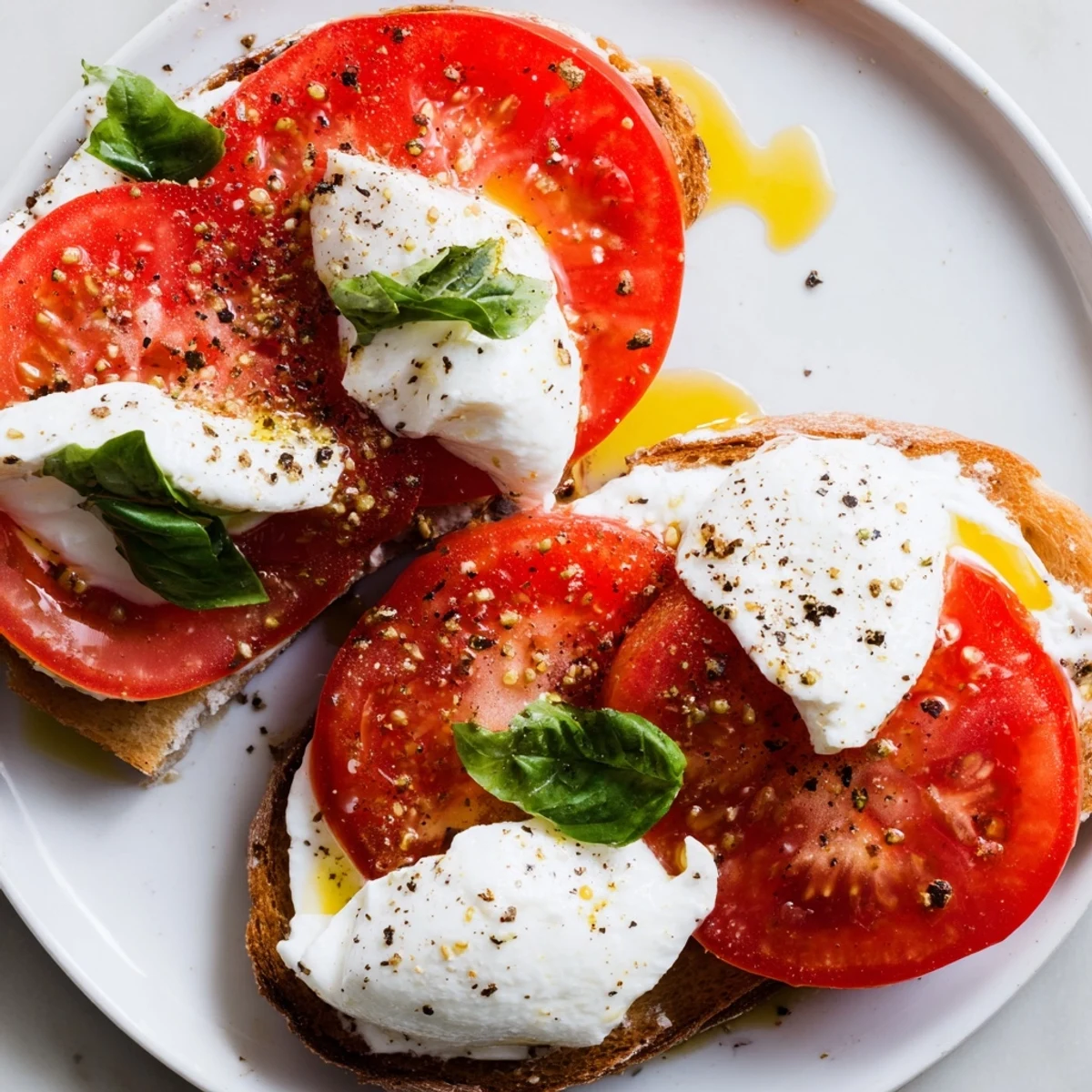 Close-up of vibrant Tomato Burrata Toast, showcasing the soft burrata and juicy, colorful tomato slices.