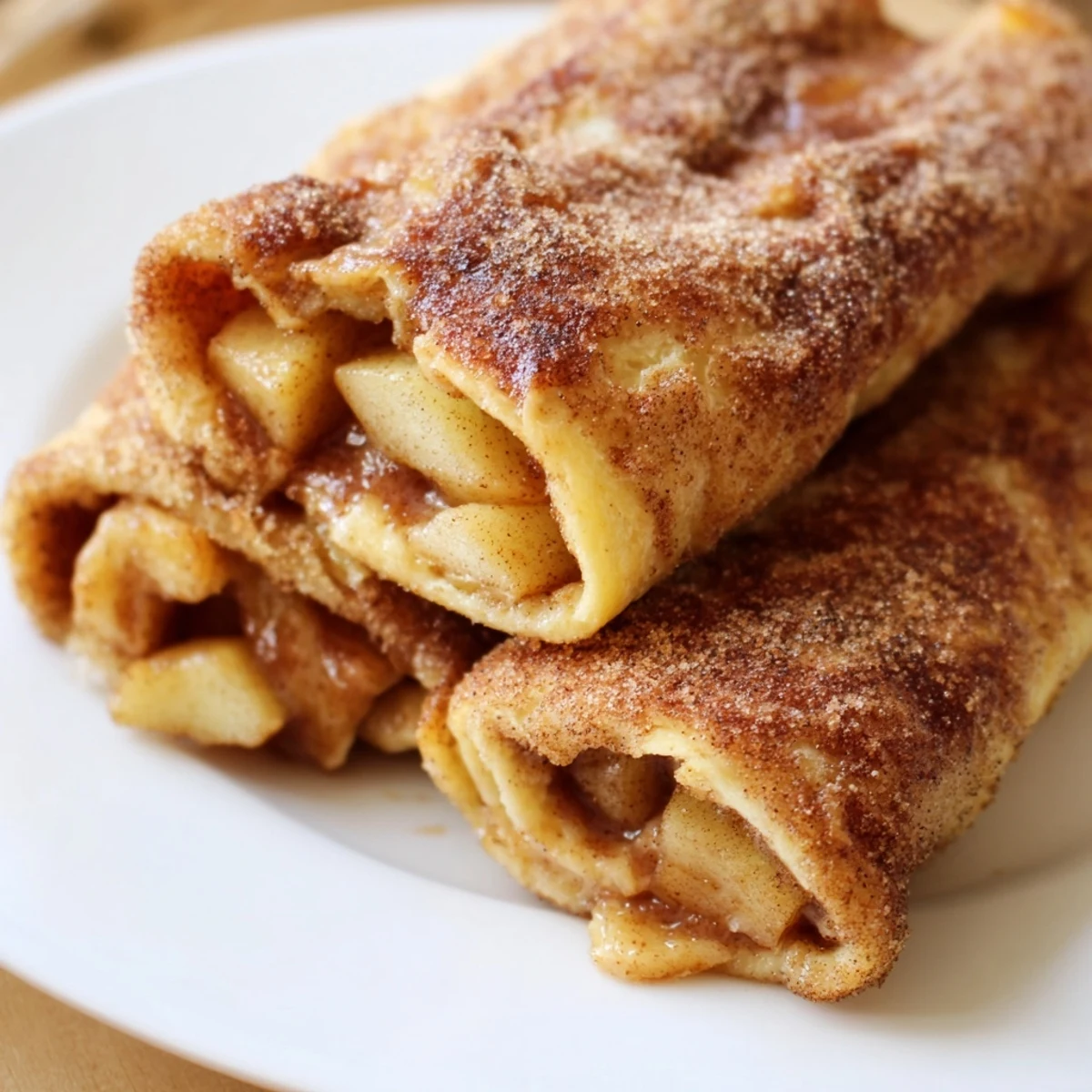 Warm and cinnamon-sugared Apple Pie Roll-Ups: a close-up showcasing the flaky, baked tortilla layers. 