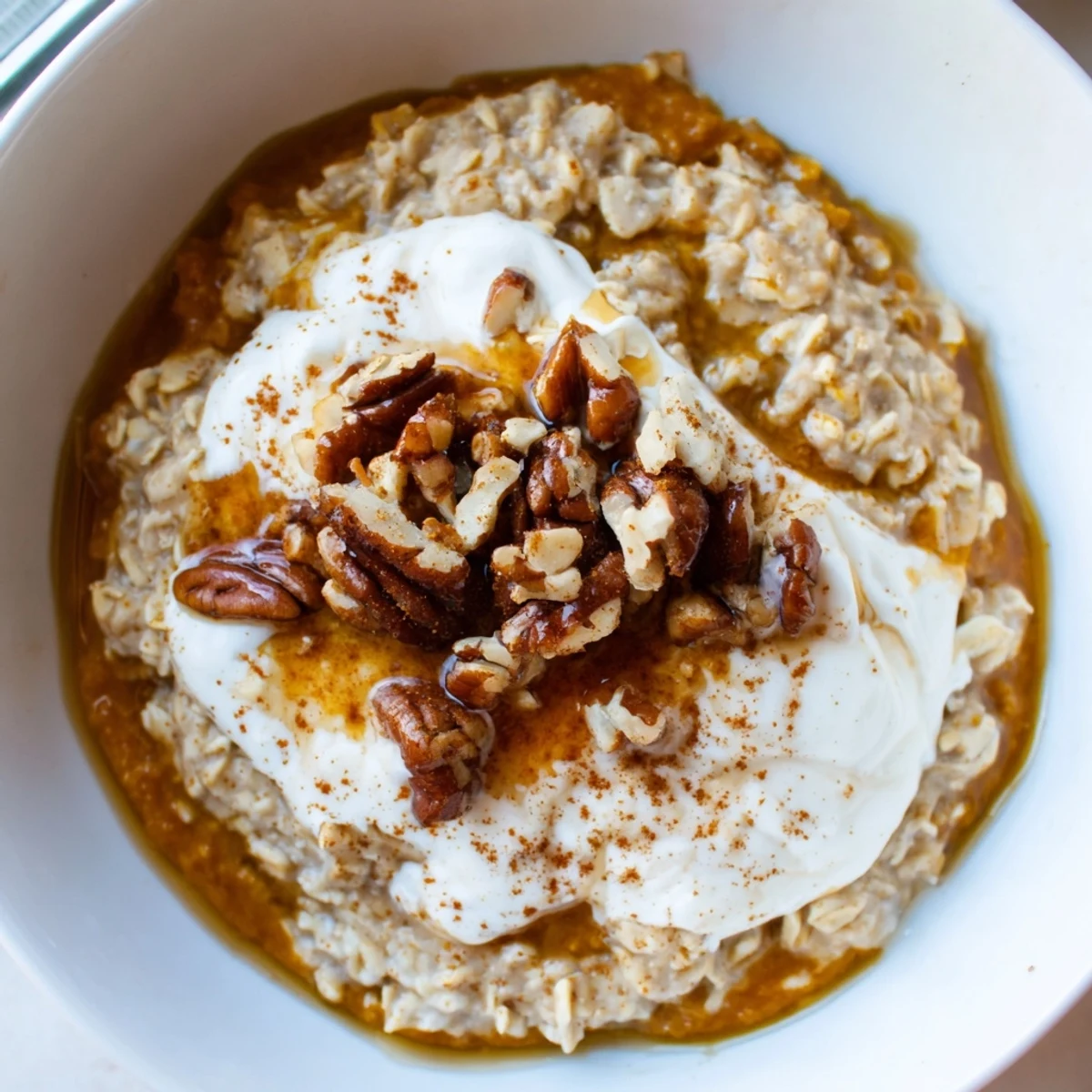 Steaming bowl of pumpkin spice latte oats topped with pecans and a swirl of whipped cream.