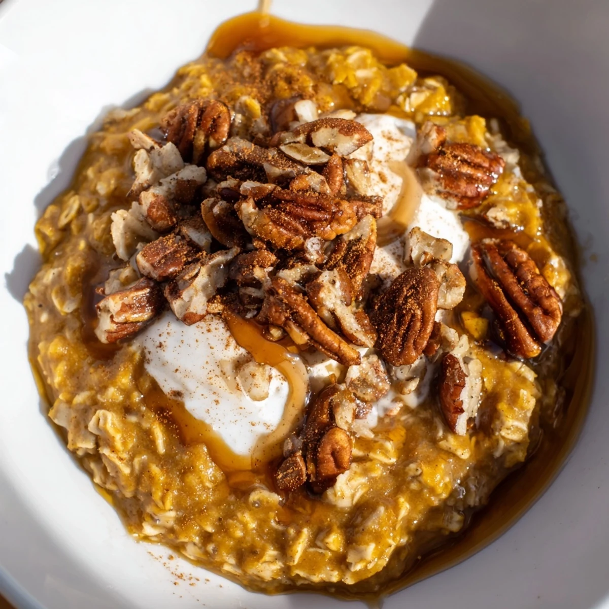 Delicious and creamy pumpkin spice latte oats with maple syrup drizzled on top for a sweet start.