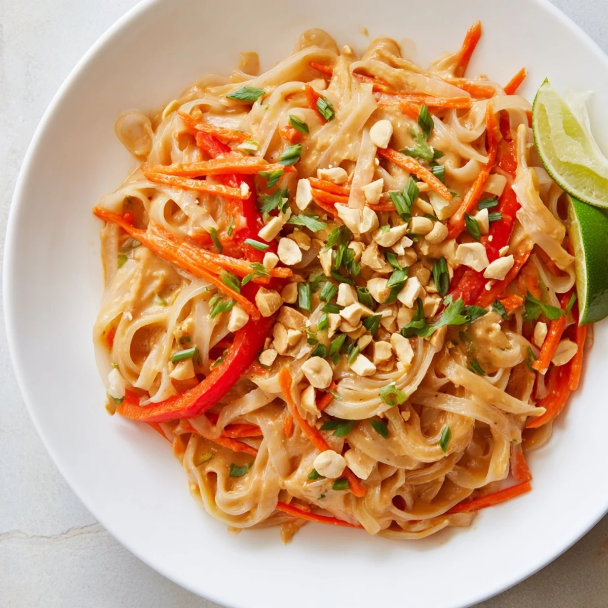 Steaming bowl of Spicy Peanut Noodles with vibrant veggies and chopped peanuts ready to eat.