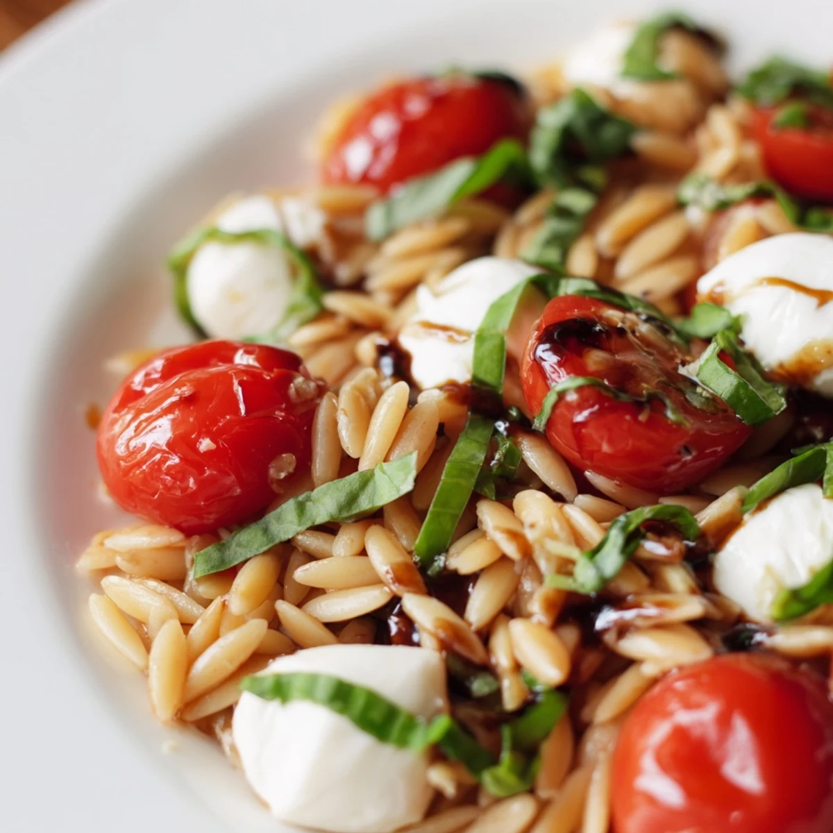 Bright photo of Caprese Orzo Salad, showcasing fresh tomatoes, mozzarella, and a tangy balsamic dressing.