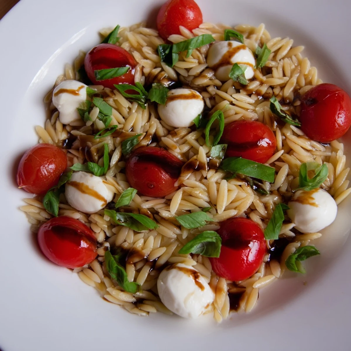Close-up of a refreshing Caprese Orzo Salad featuring tender pasta and fragrant basil leaves.