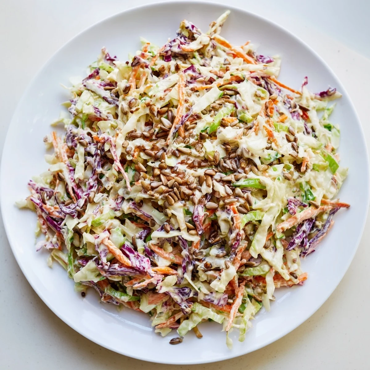 A colorful bowl of creamy Crunchy Coleslaw Salad, studded with crunchy sunflower seeds.