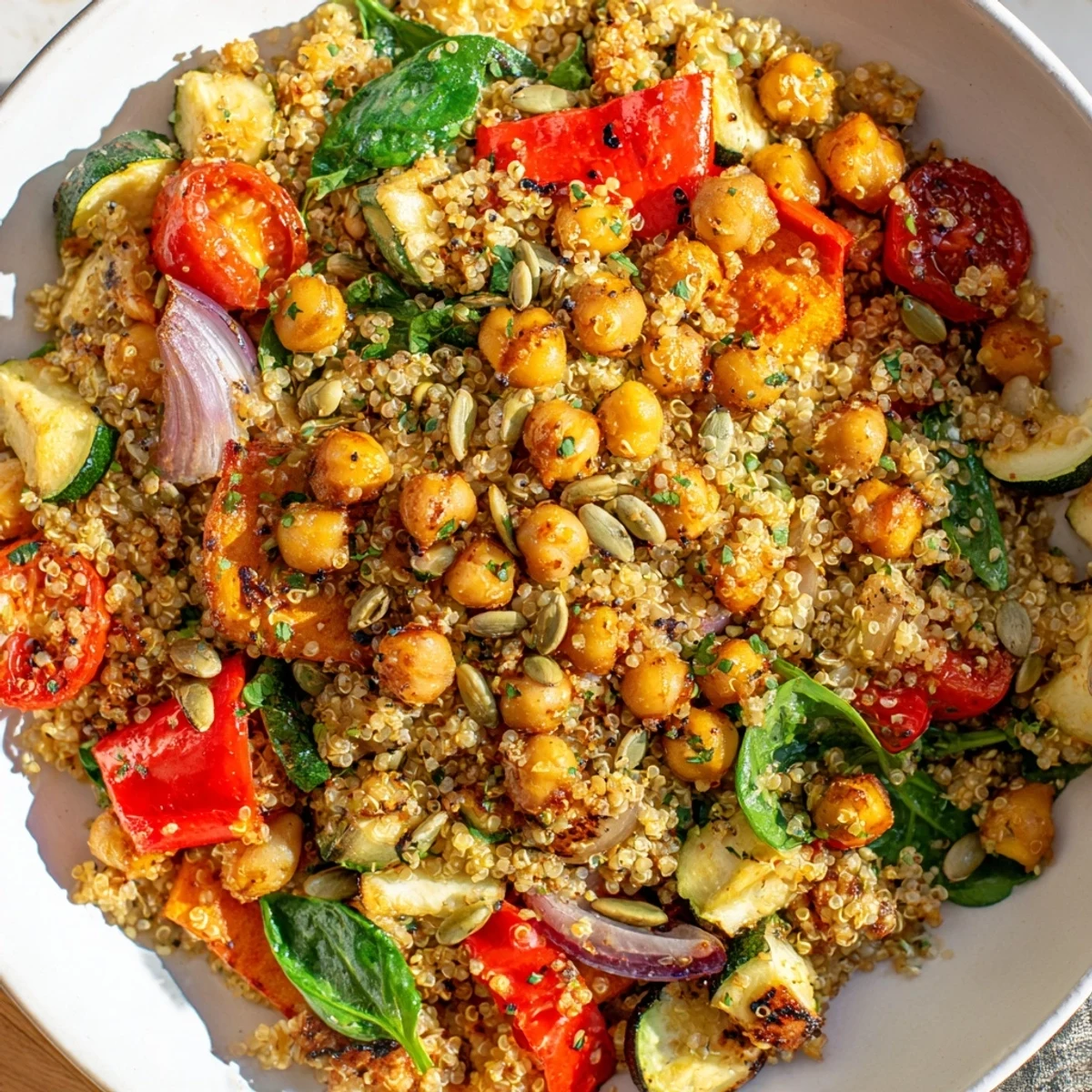 A colorful Quinoa Power Protein Salad, showing roasted vegetables with creamy tahini dressing.