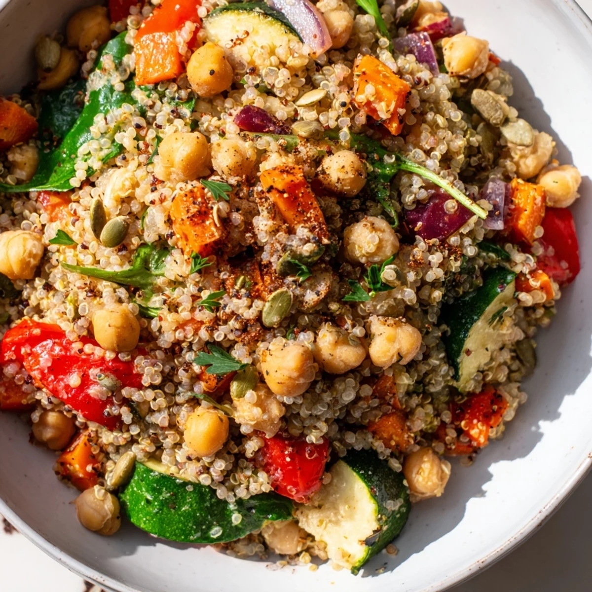 Close-up of a bountiful Quinoa Power Protein Salad, glistening with fresh herbs and seeds.