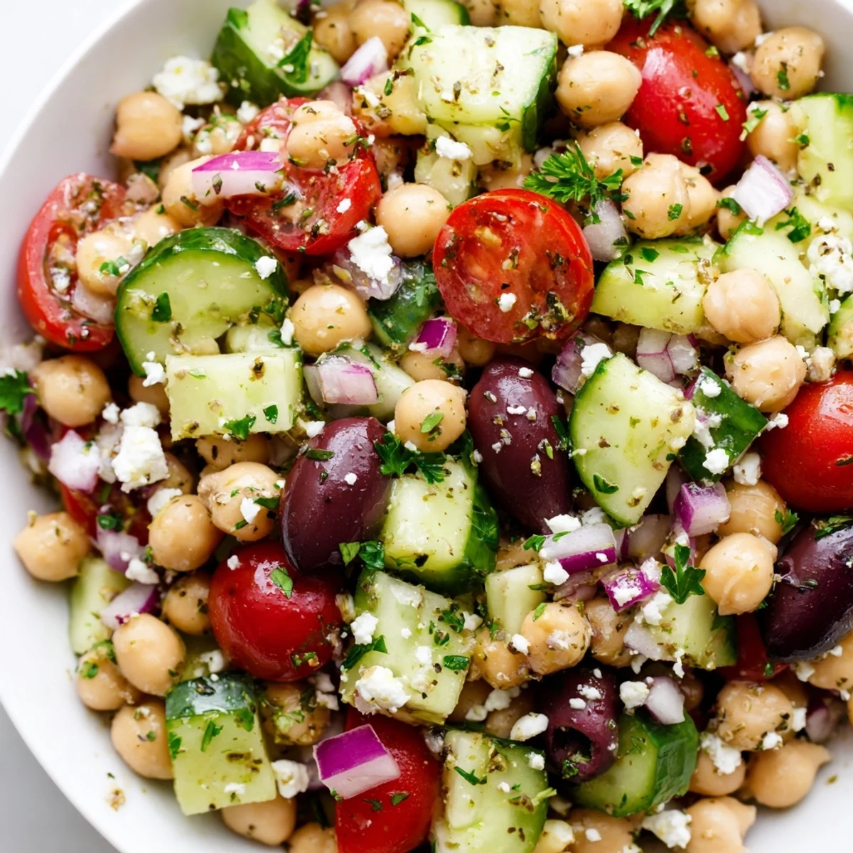 Close-up of a flavorful Mediterranean Chickpea Salad, featuring plump chickpeas, juicy tomatoes and tangy olives.