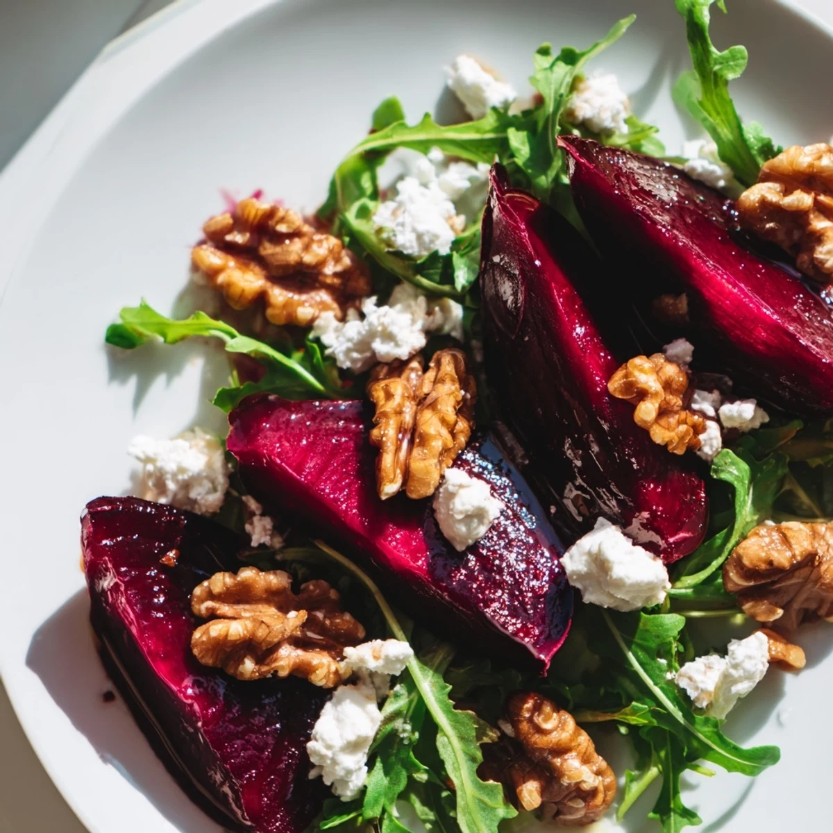 Enjoy a fresh, healthy Roasted Beet Walnut Salad with roasted beets and flavorful goat cheese.
