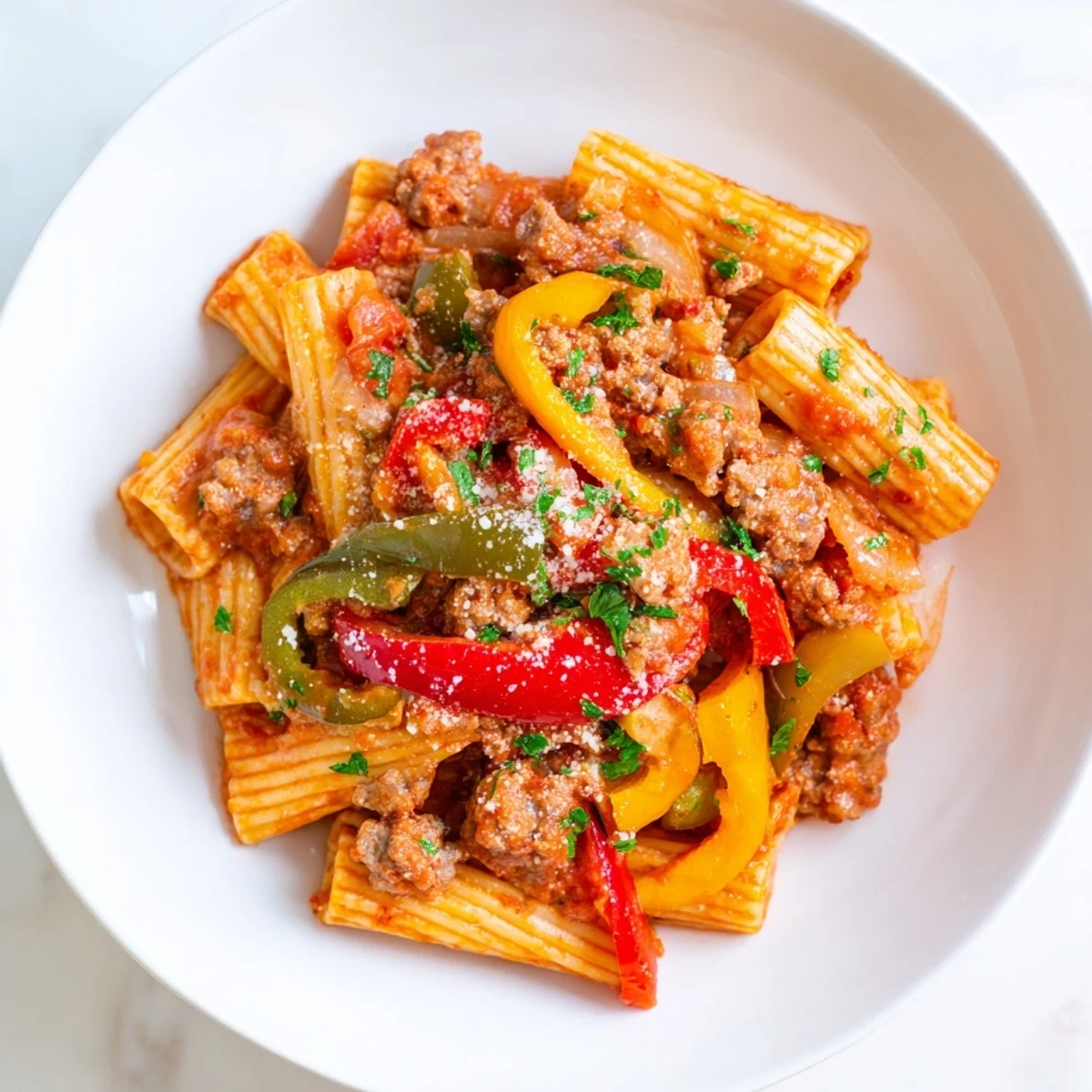 Sausage and Peppers Pasta bubbling in a skillet, showcasing colorful peppers and savory sausage.