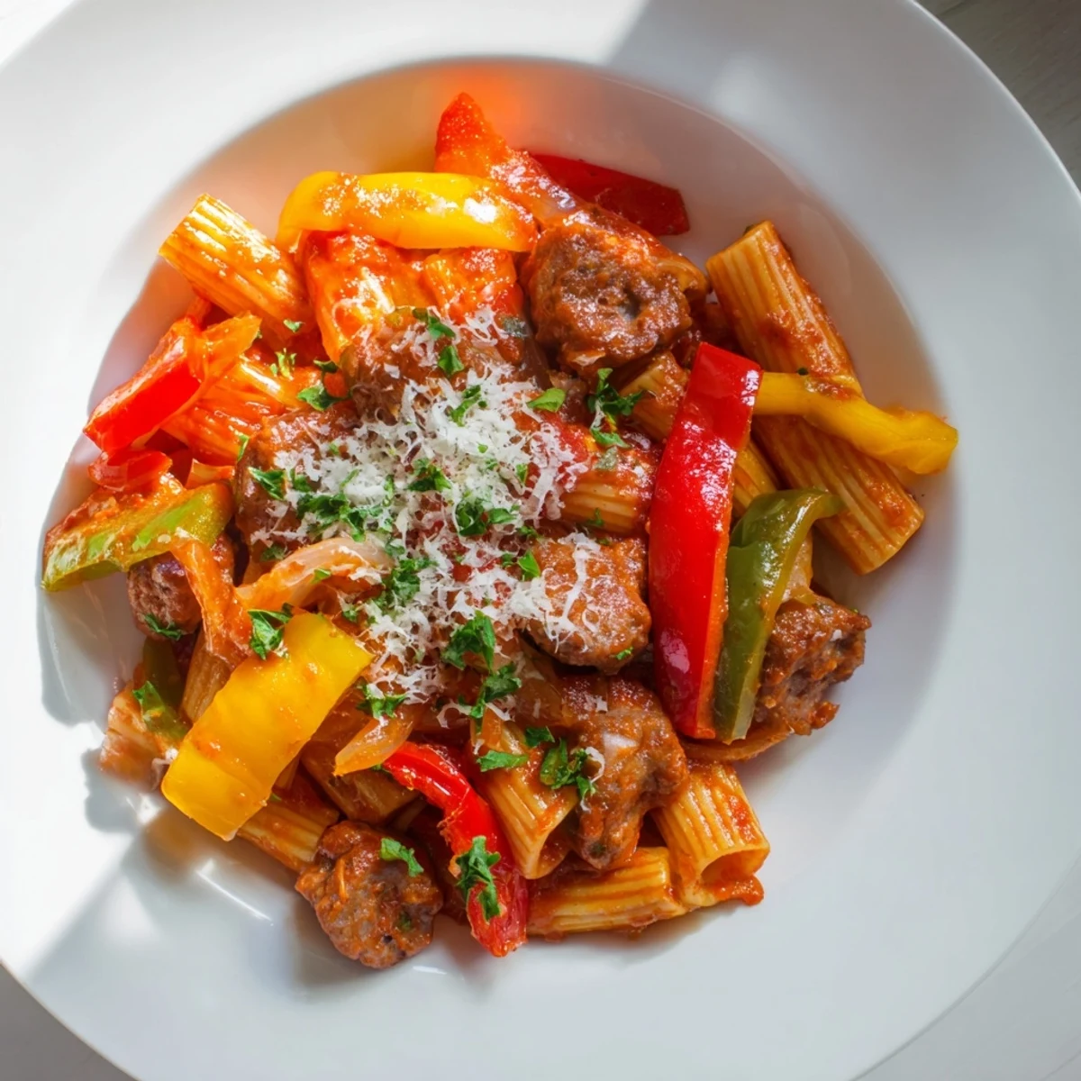 A steaming bowl of Sausage and Peppers Pasta garnished with fresh parsley and Parmesan cheese.