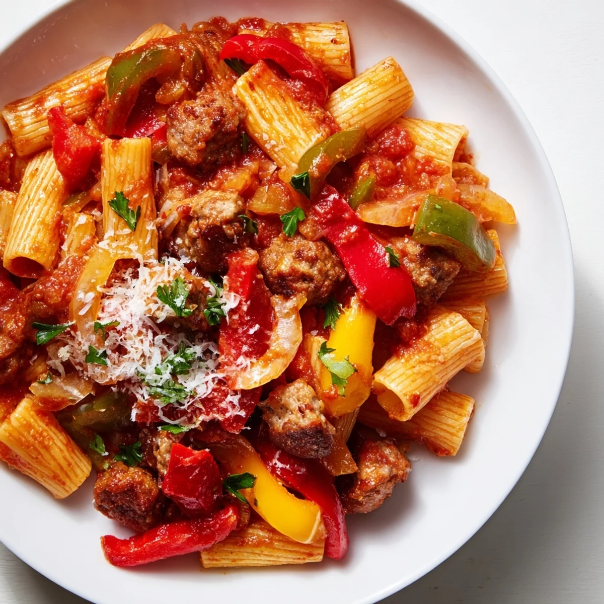 Close-up of perfectly cooked Sausage and Peppers Pasta with a rich tomato sauce, ready to eat.
