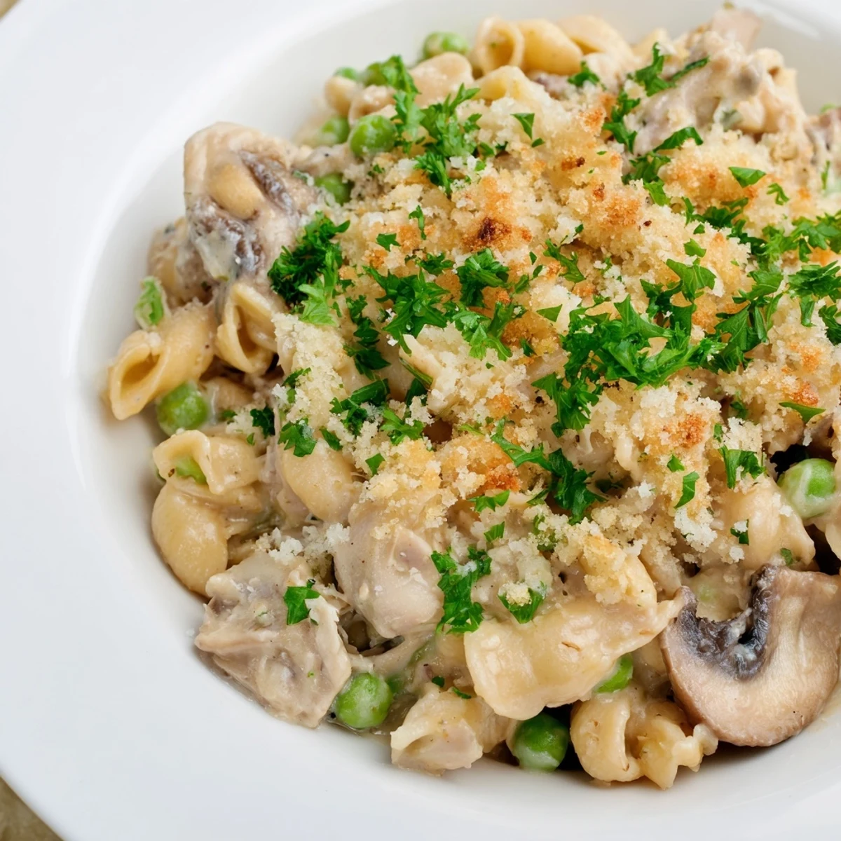 Creamy Tuna Noodle Casserole with vegetables baking in a glass dish, invitingly warm and fragrant.
