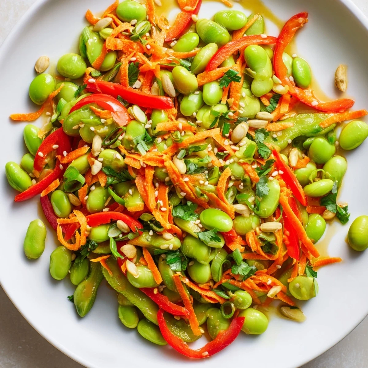 Close-up of Asian edamame salad showcasing bright vegetables and toasted sesame seeds ready to serve.