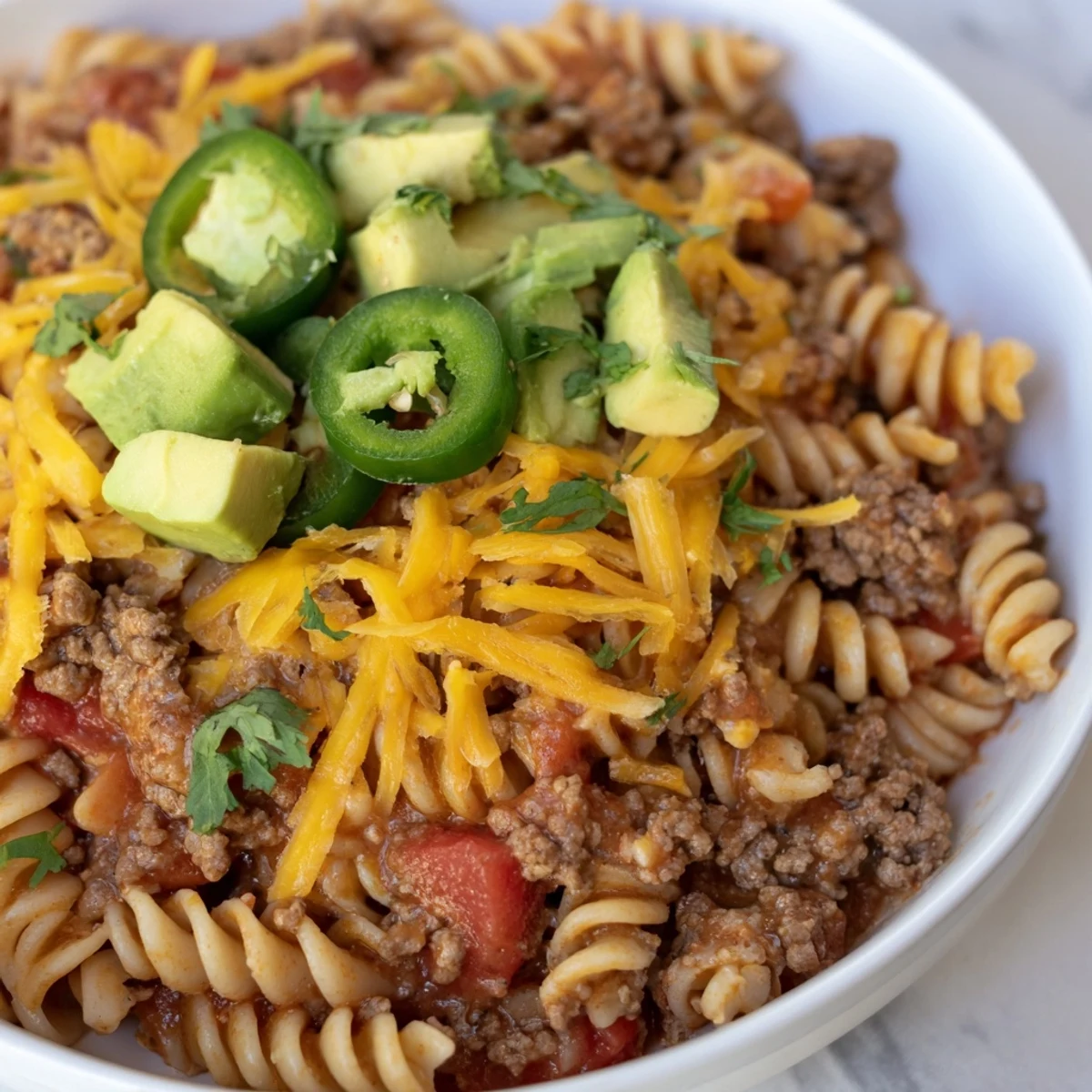 Steaming Beef Taco Pasta Skillet topped with melted cheddar, ready for a delicious Tex-Mex dinner.
