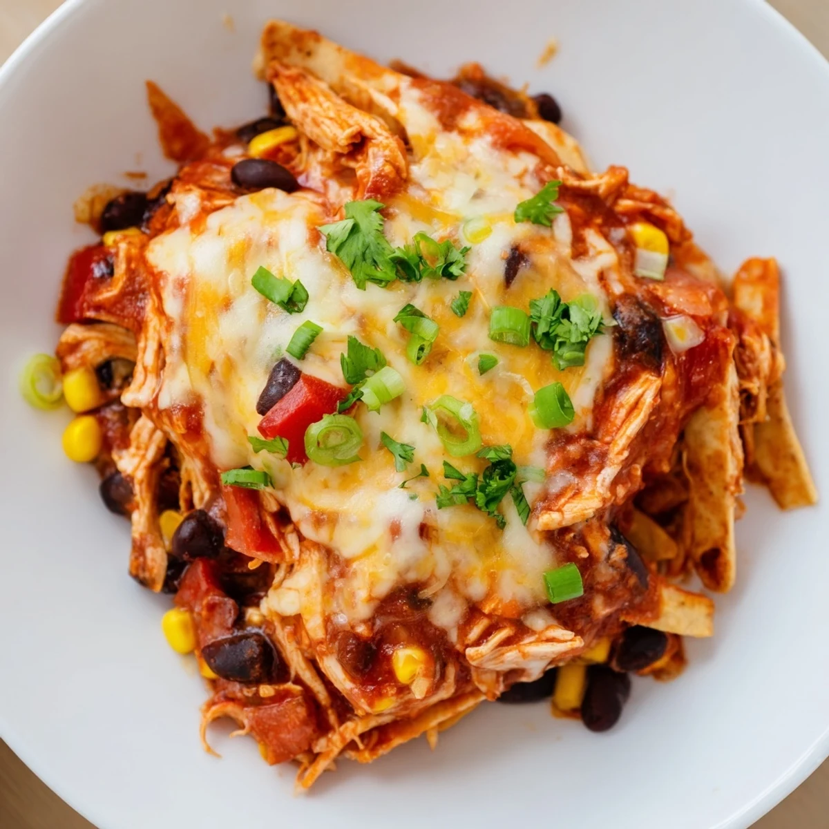 Chicken Enchilada Skillet bubbling hot with melted cheese and vibrant, colorful vegetables.