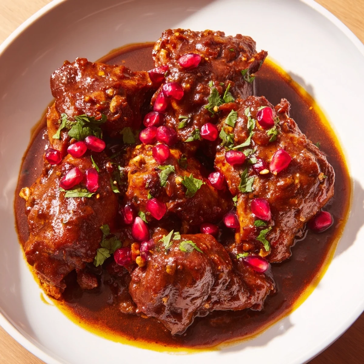 Golden, rich Iranian Fesenjan stew, with a glistening walnut and pomegranate sauce, inviting aroma.