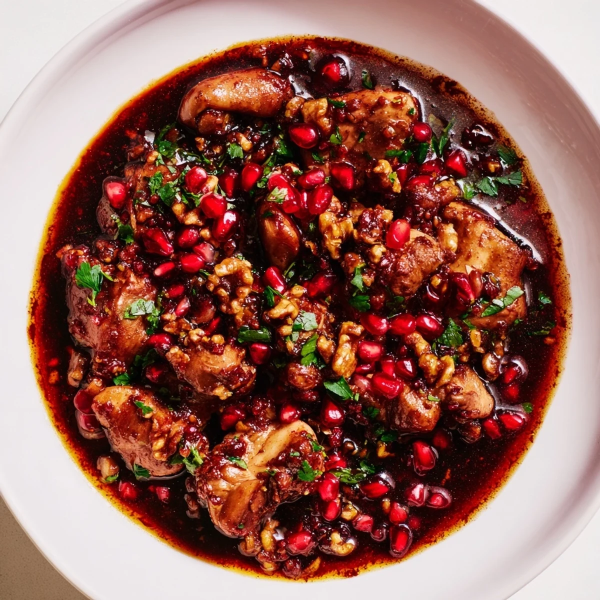 Top-down view of Iranian Fesenjan, showcasing the stew's dark, complex flavors and textures.