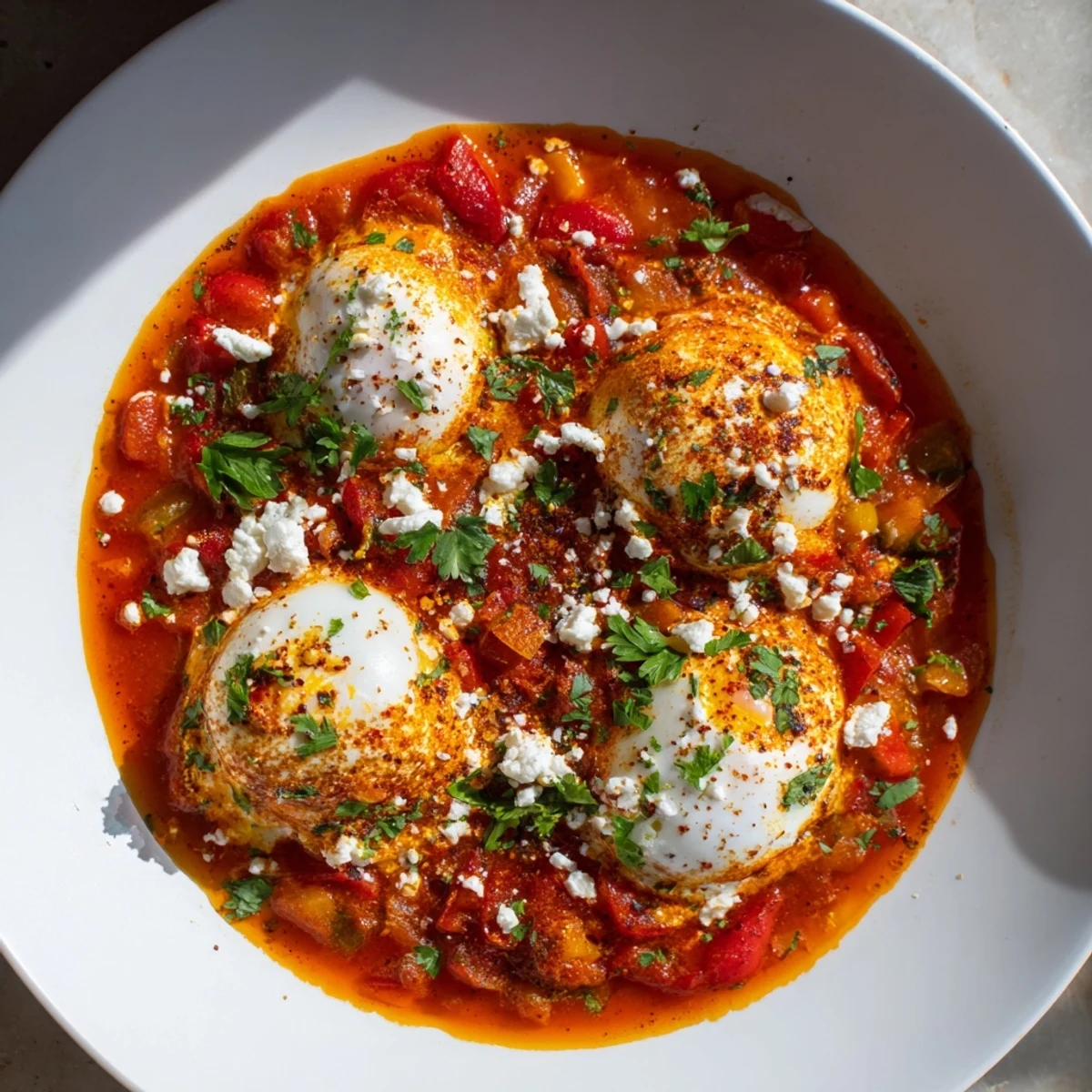 A close-up shot of Israeli Shakshuka eggs bubbling in a flavorful, red tomato sauce, ready to serve.