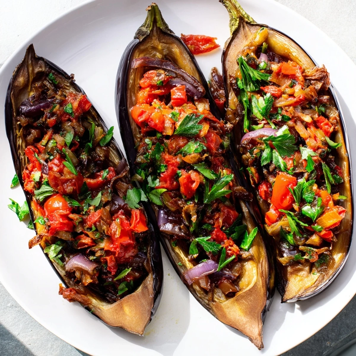 Golden-brown Imam Bayildi, a Turkish vegetarian delight of tender baked eggplant stuffed generously, ready to serve.