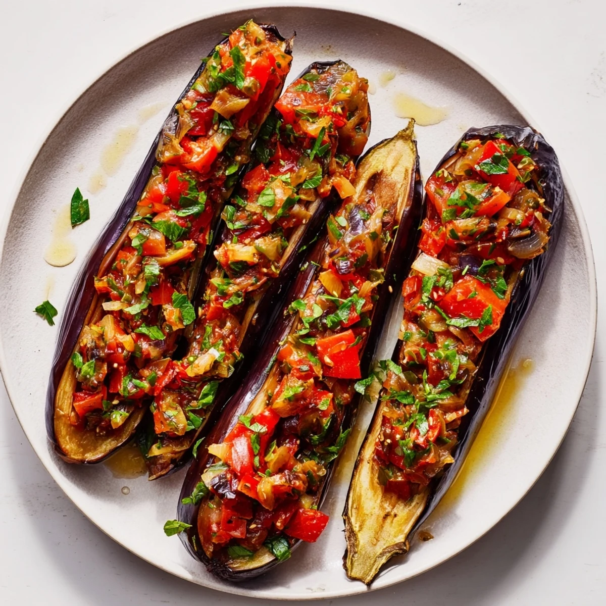 Fragrant tomato, onion, and garlic filling overflowing from tender eggplant halves of Imam Bayildi, a delicious Turkish meal.