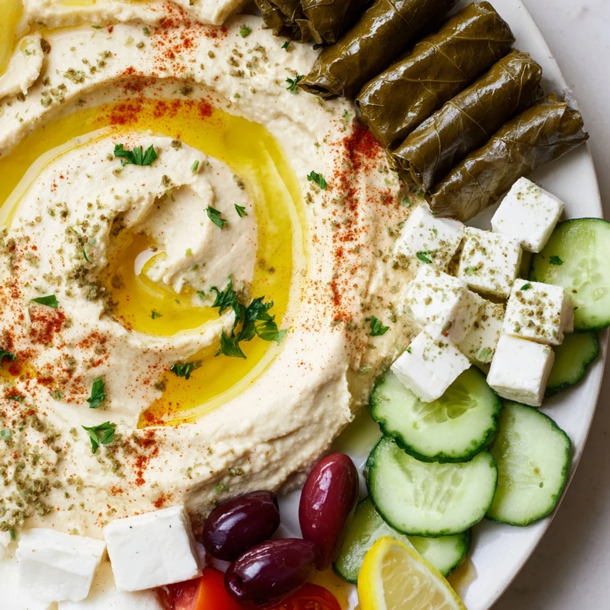 A bountiful Turkish Meze Platter overflowing with hummus, olives, cheese, and dolmas, ready to enjoy.