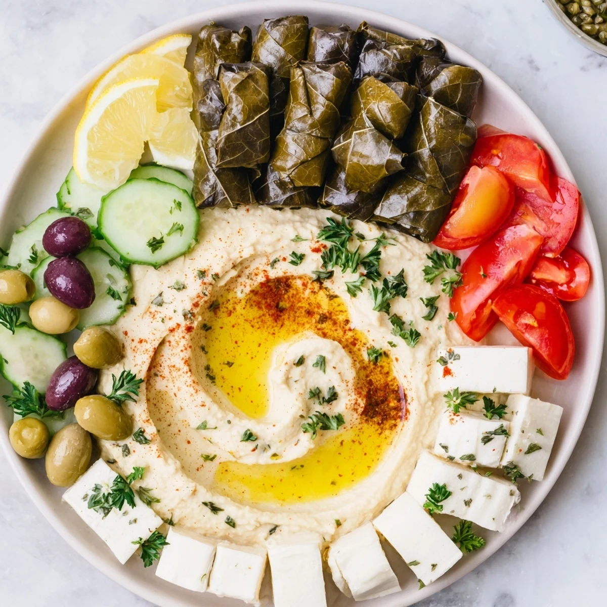 Creamy hummus and savory dolmas star in this Turkish Meze Platter, perfect for sharing and easy to make.