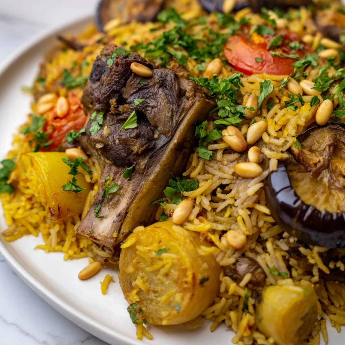 Fragrant Palestinian Maqluba, a beautifully flipped rice dish layered with tender meat and vegetables.