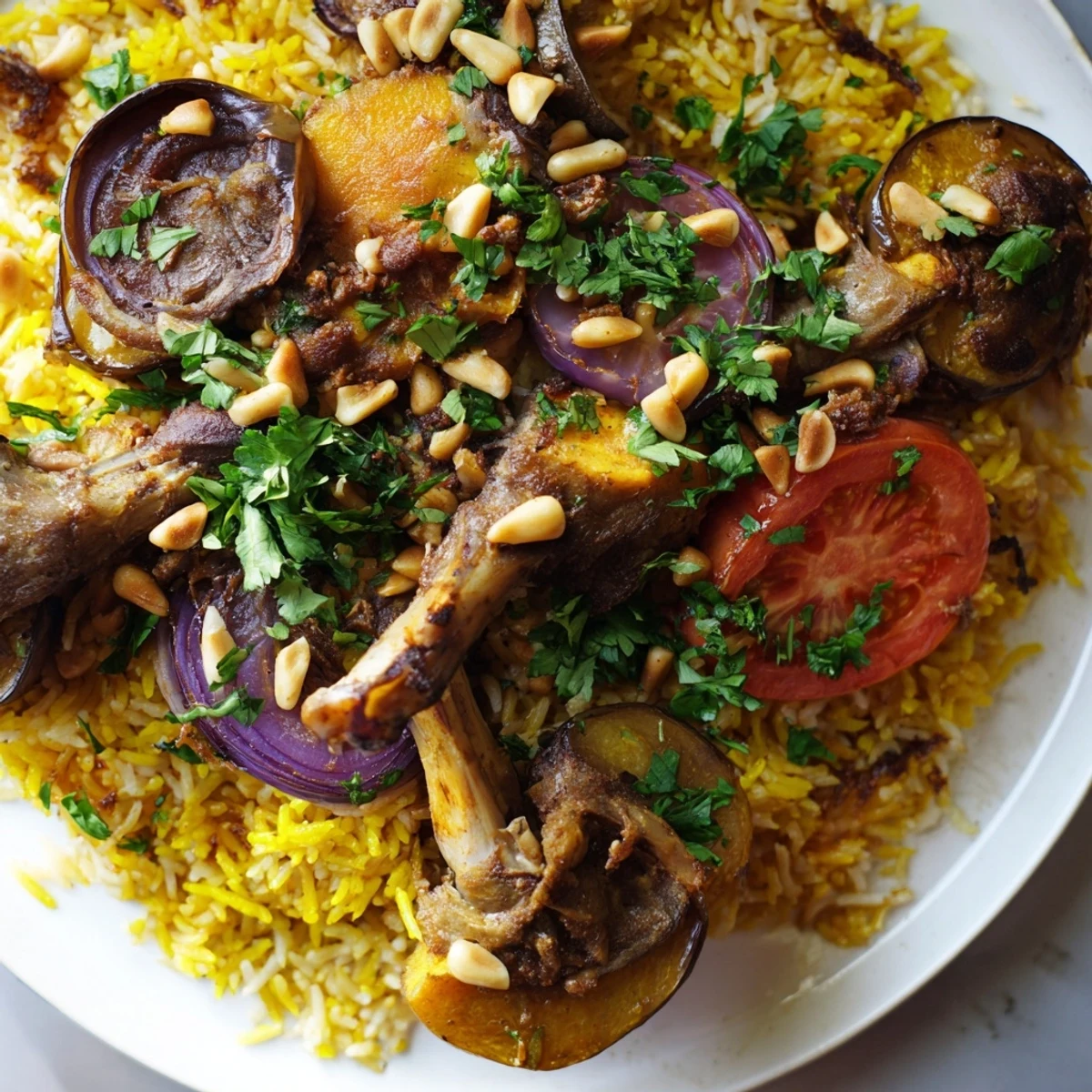 This savory Maqluba showcases perfectly cooked rice and tender lamb with golden-brown roasted vegetables.