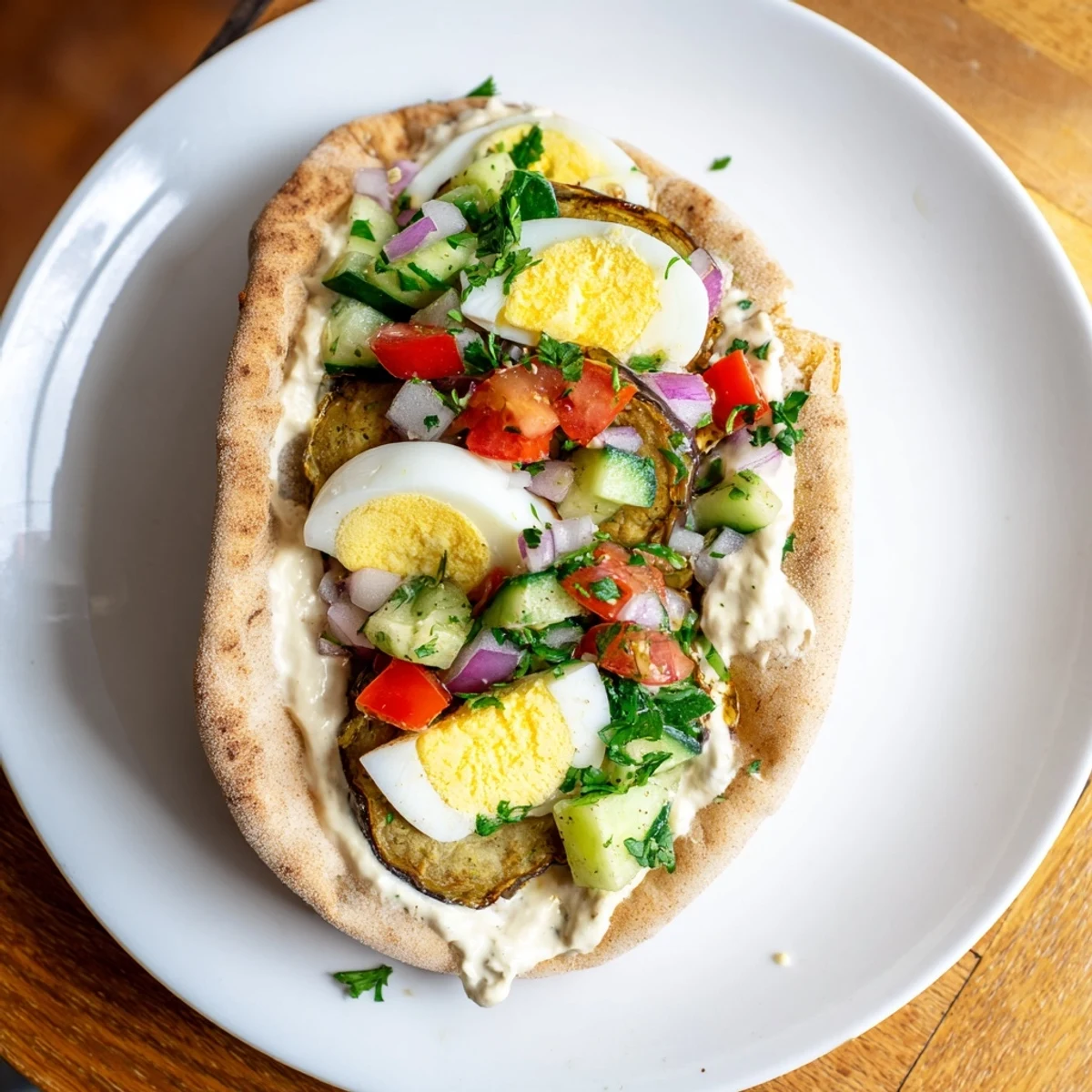 Golden-brown fried eggplant and creamy tahini inside a hearty Israeli Sabich, ready to enjoy.