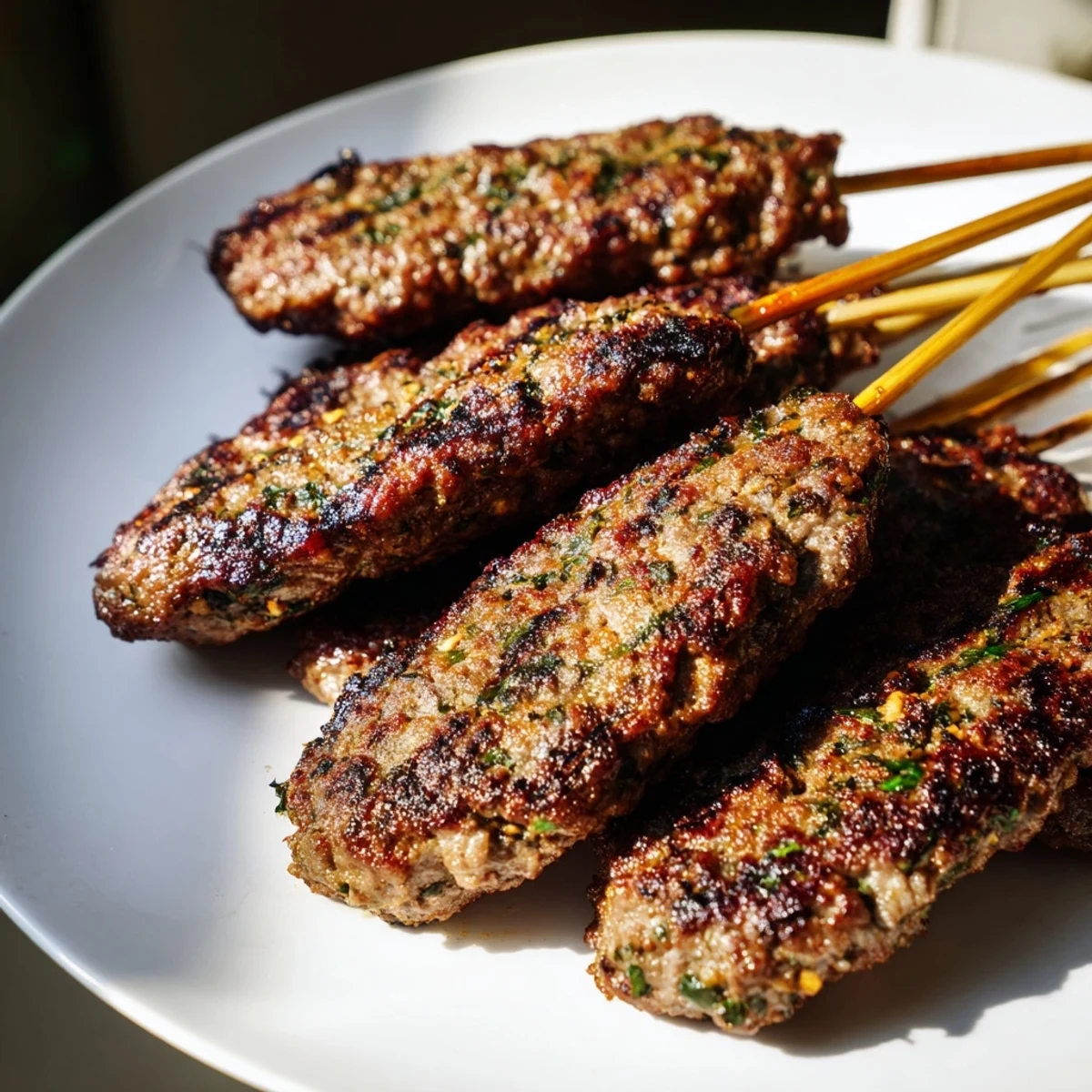 Golden-brown Iraqi Kebab Tikka kebabs, freshly grilled, offer tender meat infused with aromatic spices for dinner.