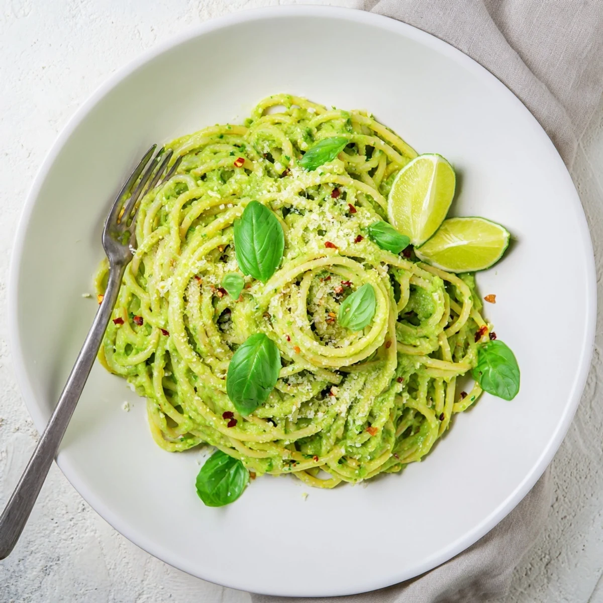 Golden spaghetti coated in creamy smashed avocado sauce, with lime zest, chili flakes, and fresh basil garnish.  