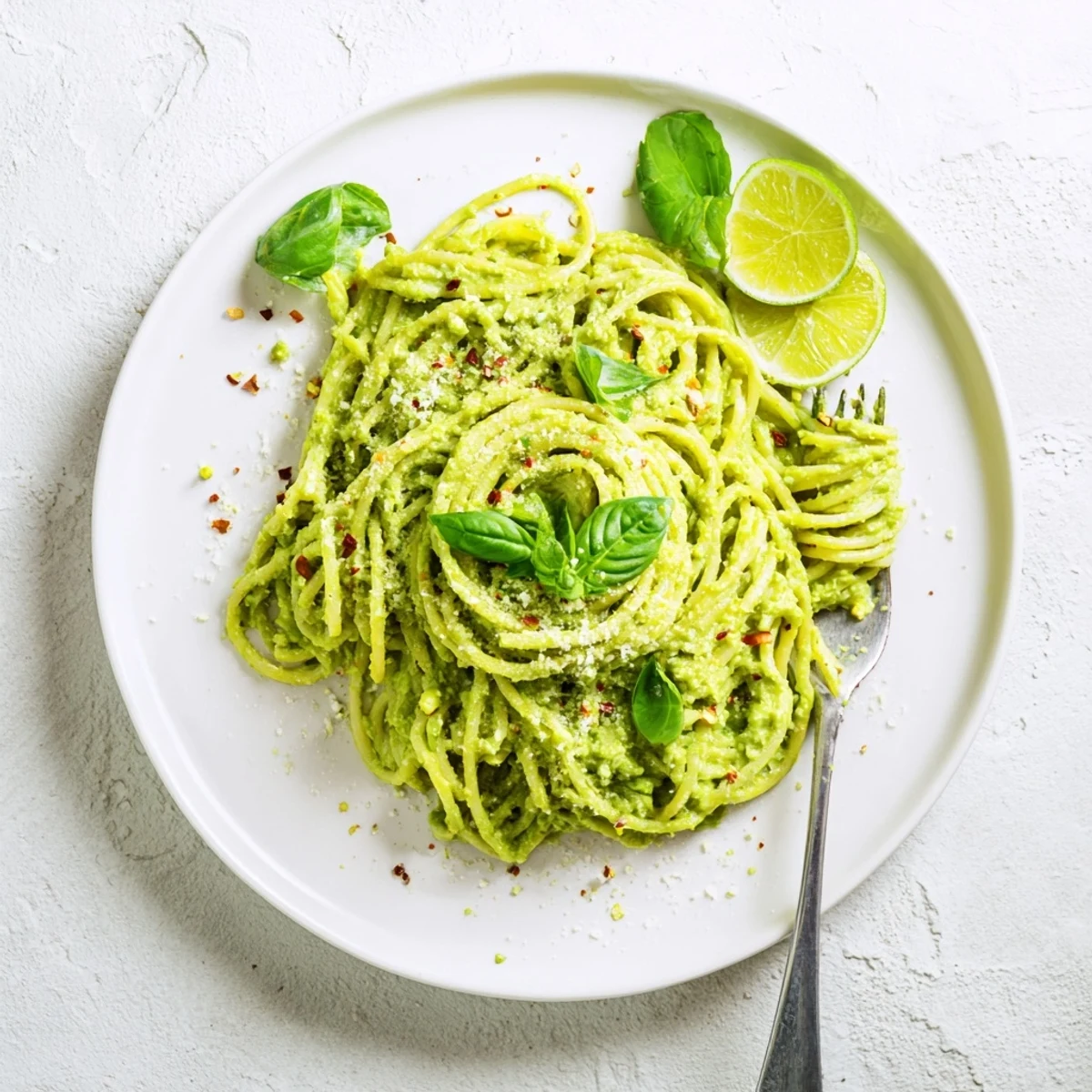 Ready-to-serve smashed avocado pasta on a wooden table, garnished with fresh basil and extra chili flakes.