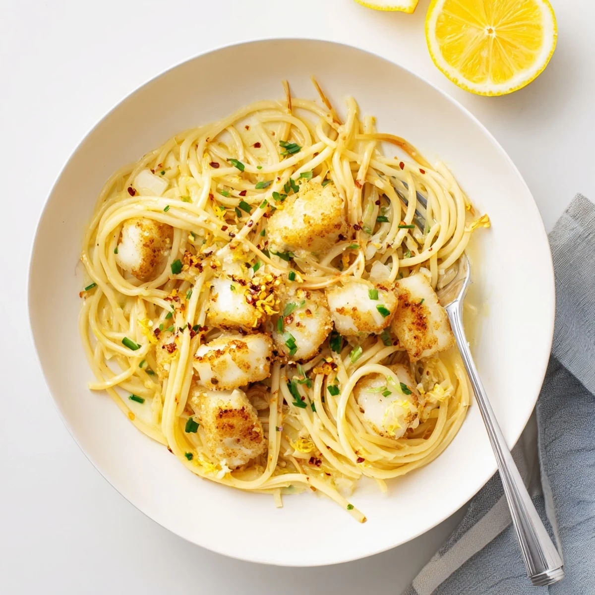 Crispy Fish Pasta with golden pan-fried fish flakes tossed in a skillet with al dente spaghetti and bright lemon zest for a vibrant Mediterranean meal.