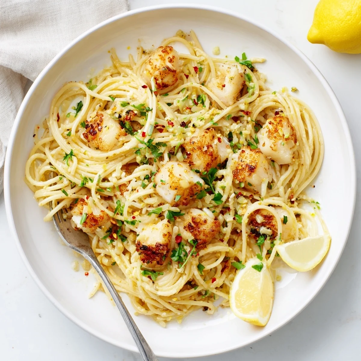 A close-up view of Crispy Fish Pasta featuring flaky white fish, fresh parsley, and chives on a bed of pasta, garnished with lemon wedges for serving.