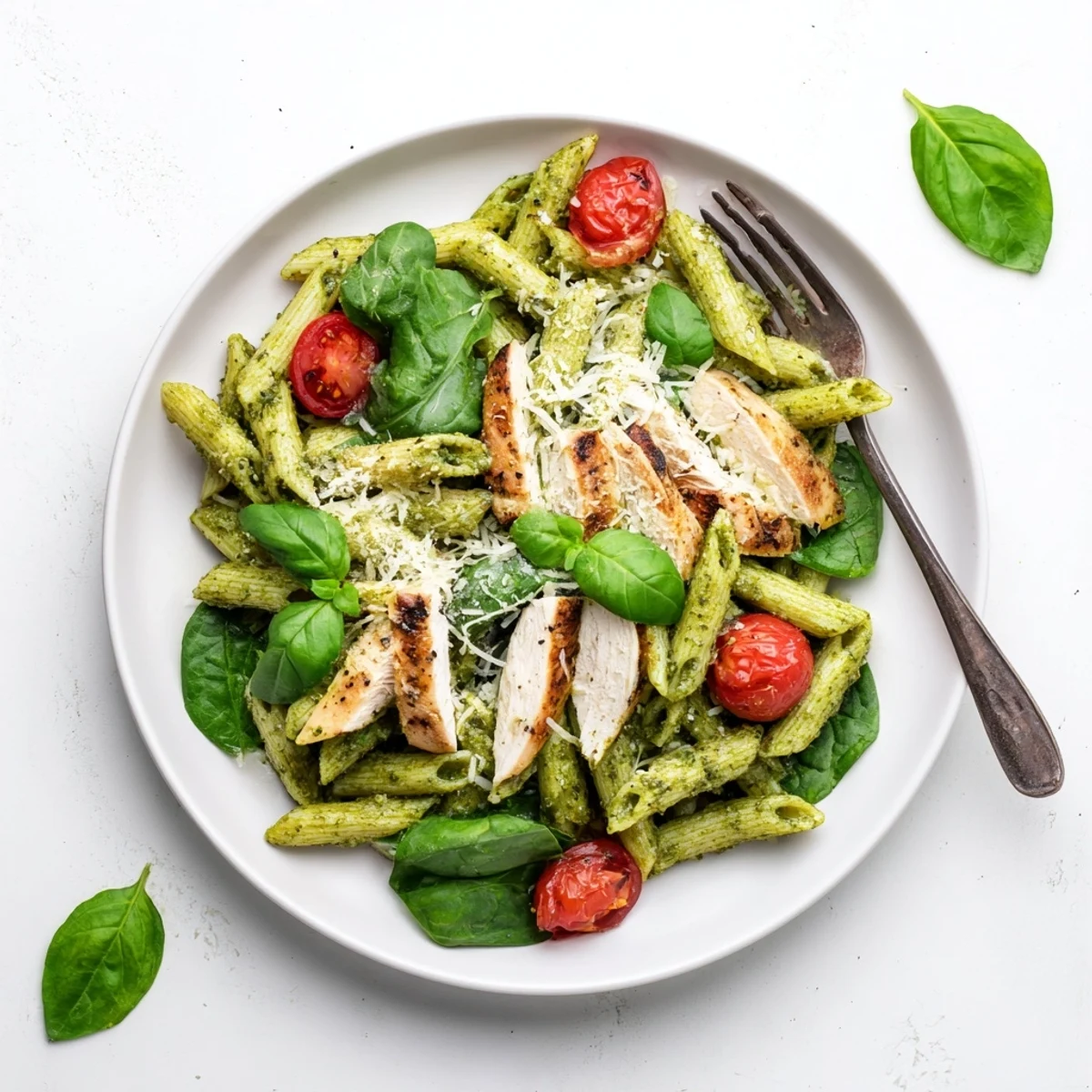 Golden grilled chicken slices and penne pasta tossed in vibrant green basil pesto, topped with fresh basil and cherry tomatoes.